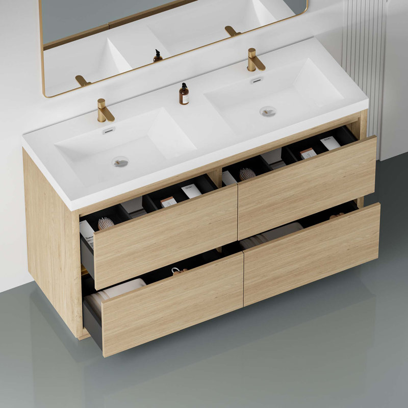 Meuble-lavabo autoportant avec lavabo, meuble-lavabo avec comptoir en résine de pierre et tiroirs à fermeture en douceur