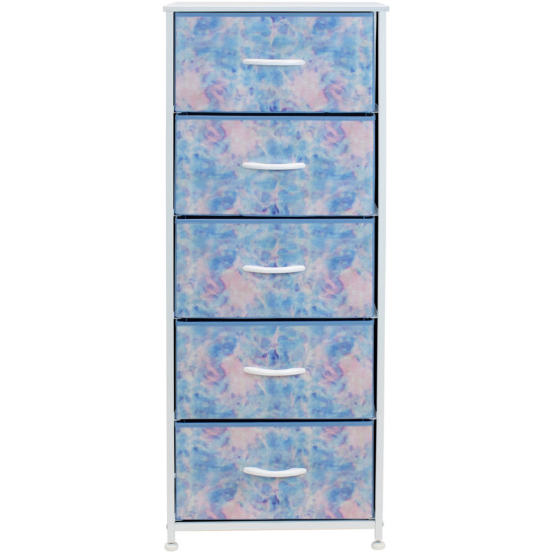Sorbus Narrow 5 Drawers Nightstand with Steel Frame, Wood Top, & Fabric Bins, Tie-Dye Blue