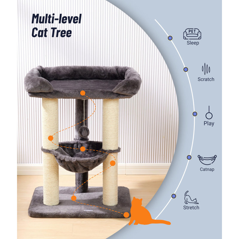 Grande tour d'arbre à chat 28 po pour chats d'intérieur, poteau à griffes avec grand lit Coon Big Cats, griffoir à chat en sisal avec perchoir souple et hamac, gris