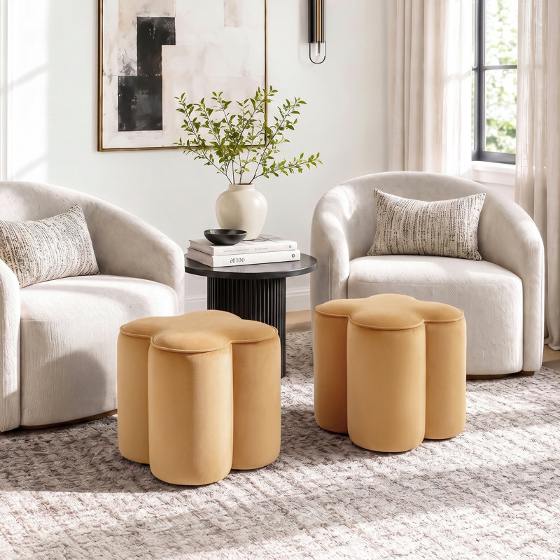 Pouf d'appoint moderne Leiani en velours, forme trèfle, 47 cm de large, pour salon, chambre et coiffeuse, Velours havane