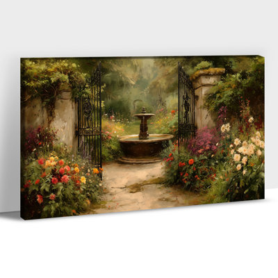 Grand art mural rétro sur toile, paysage de jardin, campagne, fontaine, chemin, printemps, ferme, affiche d'art mural pour salon, chambre à coucher, décoration de bureau, prête à être suspendue, impressions sur toile, 24 po x 48 po