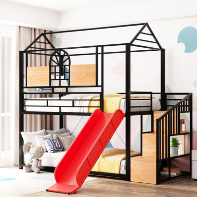 Bunk Bed With Lively Slide And Storage - Black Red Energy Metal Electrifying Spark