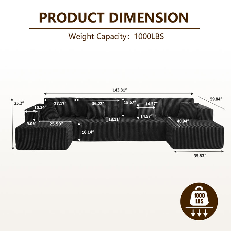 Boneless 187.39''Flannel Modular U-Shaped Sectional Sofa Set Reversible & Spacious Living Room Couch Set With 2 Chaises &4 Pillows,No Assembly Required