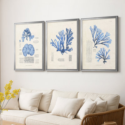 Blue Marine Algae IV  -Custom Framed  Wrapped Gallery Canvas - 3 Pieces