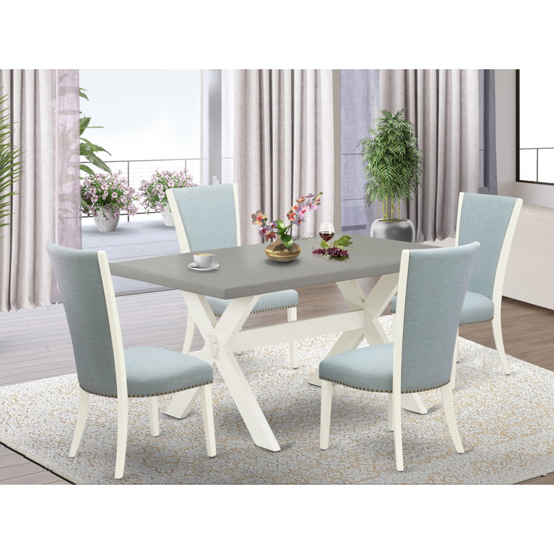 Ensemble de table de salle à manger 5 pièces comprenant une table de cuisine rectangulaire avec pieds en X et 4 chaises de salle à manger Parson en tissu bleu bébé, lin brossé blanc 
