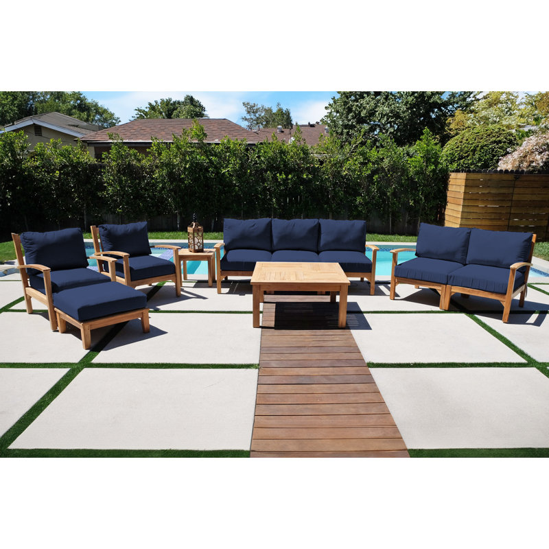 Huntington Outdoor 7 - Piece Teak Conversation Set, Table, Deluxe SF, LS, Ottoman, 2 Chairs, E-Table, Navy Sunbrella®