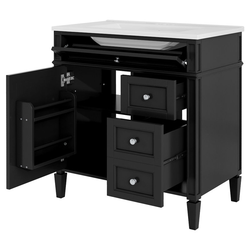 Asher Bathroom Vanity With Single Ceramic Sink, Storage, Black Wood 30 Inch, Black/Chrome
