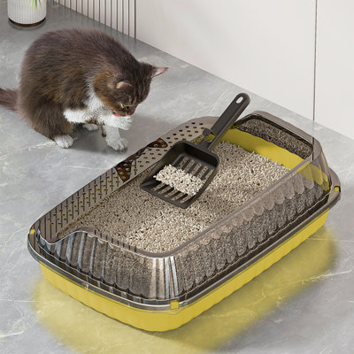 Bac à litière semi-fermé pour chat avec pelle, 14,37 x 10,63 x 4,72 pouces, jaune