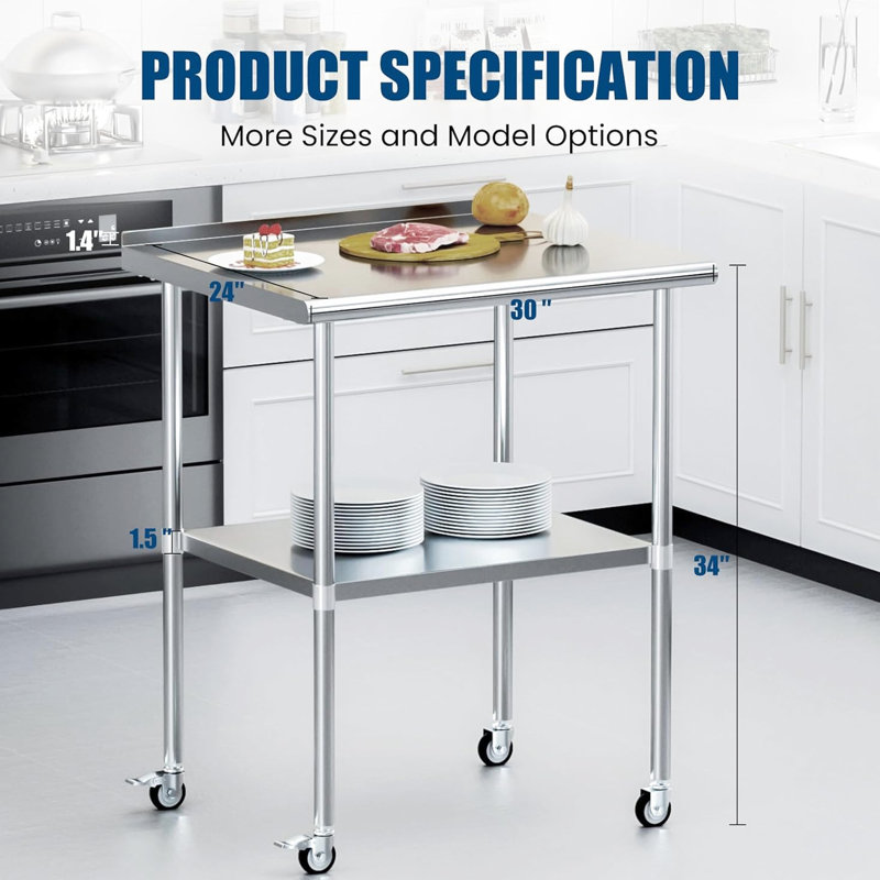 Table de travail en métal robuste de 24 po x 30 po avec tablettes inférieures, roulettes et dosseret réglables, fabriquée en acier inoxydable, convenant à une utilisation commerciale dans les cuisines, les espaces extérieurs, les restaurants et les hôtels