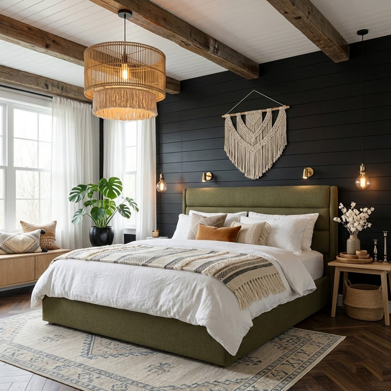 Lit plateforme tapissier avec rangement relevable, Grand, Vert olive