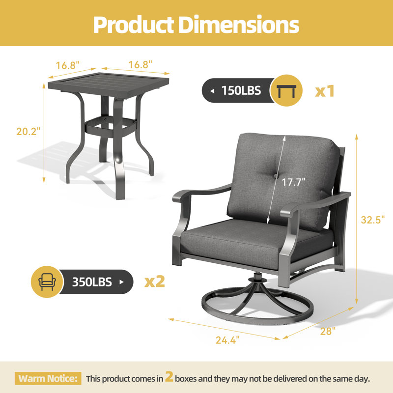 Outdoor Swivel Rocker Bistro Set 3 Piece, Aluminum Patio Furniture Set With Coffee Table & 5" Thick Cushions, 360° Swivel Rocking Chairs For Porch, Backyard, Balcony