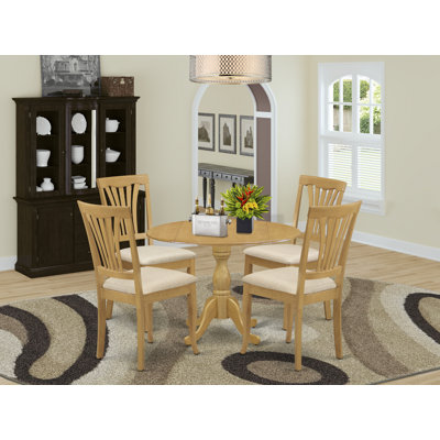 5 Piece Kitchen Table Set for 4 Includes a Round Dining Table with Dropleaf and 4 Linen Fabric Dining Room Chairs, Oak