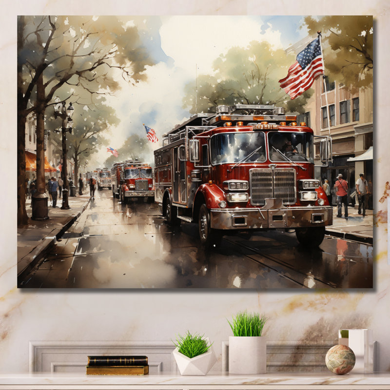 Fire Truck II - Fireman, art mural sur toile, Toile tendue, H 24 po x l 32 po x P 1 po