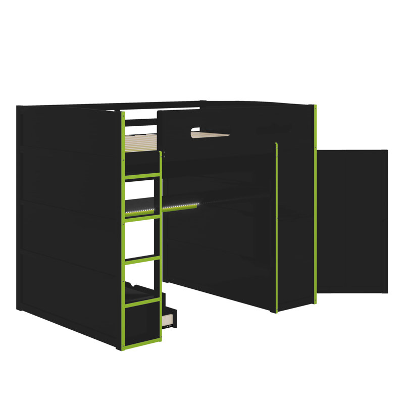 Full Size Wood Loft Bed With Desk,Wardrobe,Ample Storage Space,And RGB LED Light, Green