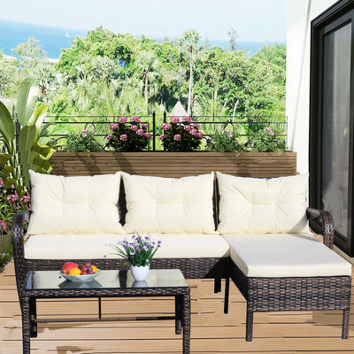 Mobilier de patio extérieur 3 pièces: modulaire avec coussins de siège (beige) - 2 places, chaise longue rajeunissante, table basse pratique: beige et verre