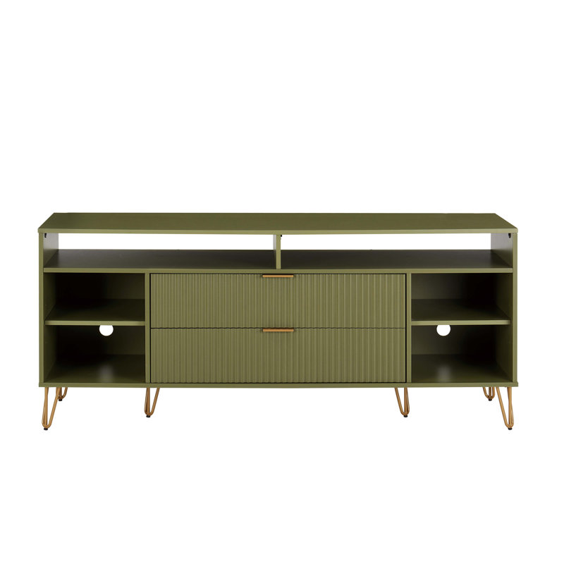 DUMBO 63" Mid-Century Modern TV Stand with 6 Shelves and 2 Drawers, Olive Green
