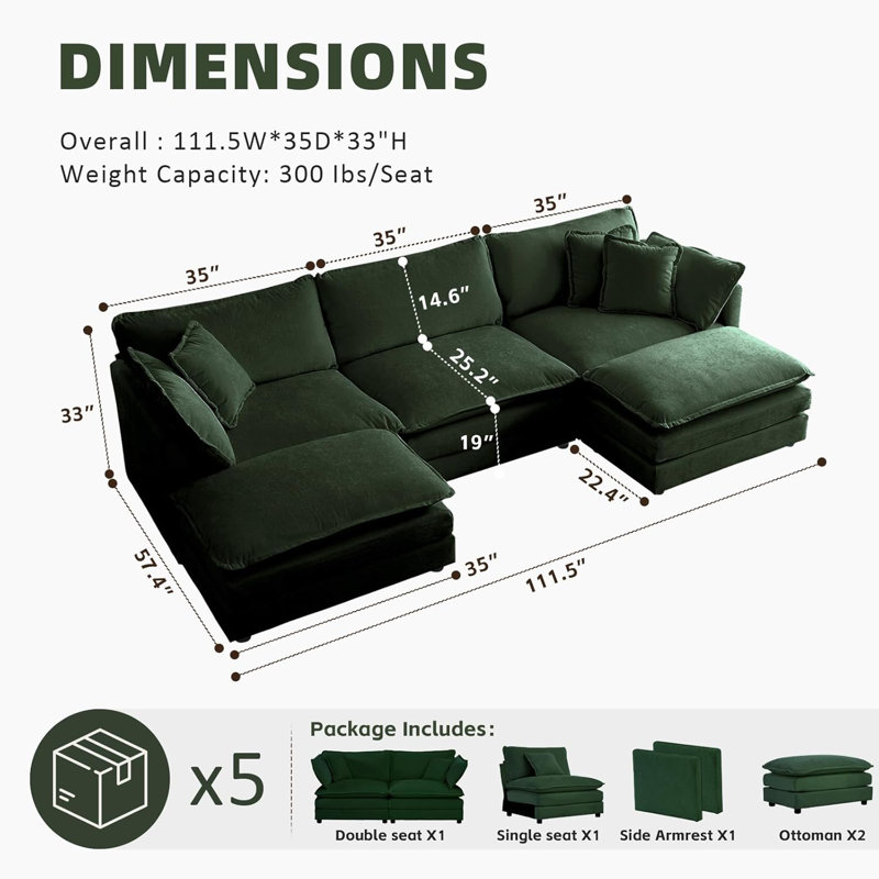 Canapé modulaire en chenille à assise profonde en nuage avec repose-pieds et 2 repose-pieds Latitude Run, Chenille verte