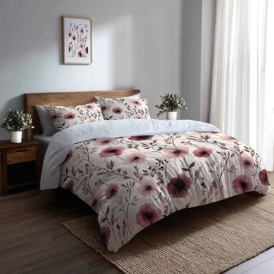 Country Farmhouse Bedding Set 3 Pcs - Floral Rose Meadow Duvet Cover And Throw Pillow Set