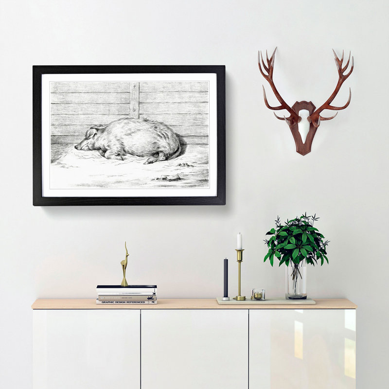 A Sleeping Pig by Jean Bernard - Framed Print, 45cm H x 63cm W x 2cm D, Black Framed