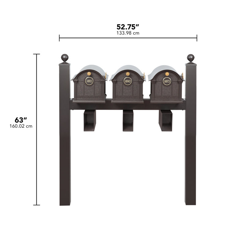 Balmoral Triple Mount Mailbox /w/ Ball Finials, Personalized Door Medallion, Newspaper Box (3 Mailboxes, Tri-Mount Rack, 3 Newspaper Boxes, 3 Medallions)