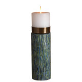 India. Curated. Elegant Handcrafted Candle Stand: Blue Bone with White Resin Inlay and Brass Top