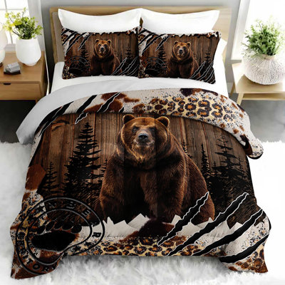 Brown Bear Forest Scene Comforter Set, Woodland Bedding Set with 2 Pillow Cases, Soft and Machine Washable Bedding, All Seasons Comforter for Room Decor