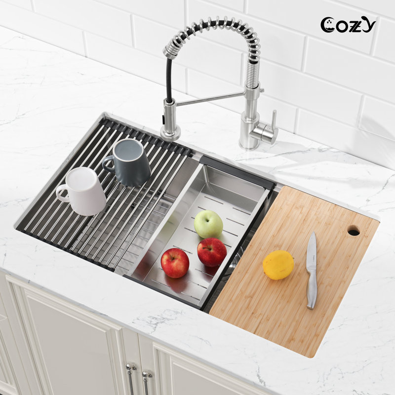 36" L Single Bowl Undermount Handmade Stainless Steel Kitchen Workstation Sink with Colander, Basket Strainer, Cutting Board, Dish Rack