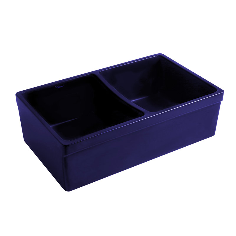 FarmhausQuatro 33" L x 20" W Double Bowl Farmhouse Kitchen Sink, Sapphire Blue