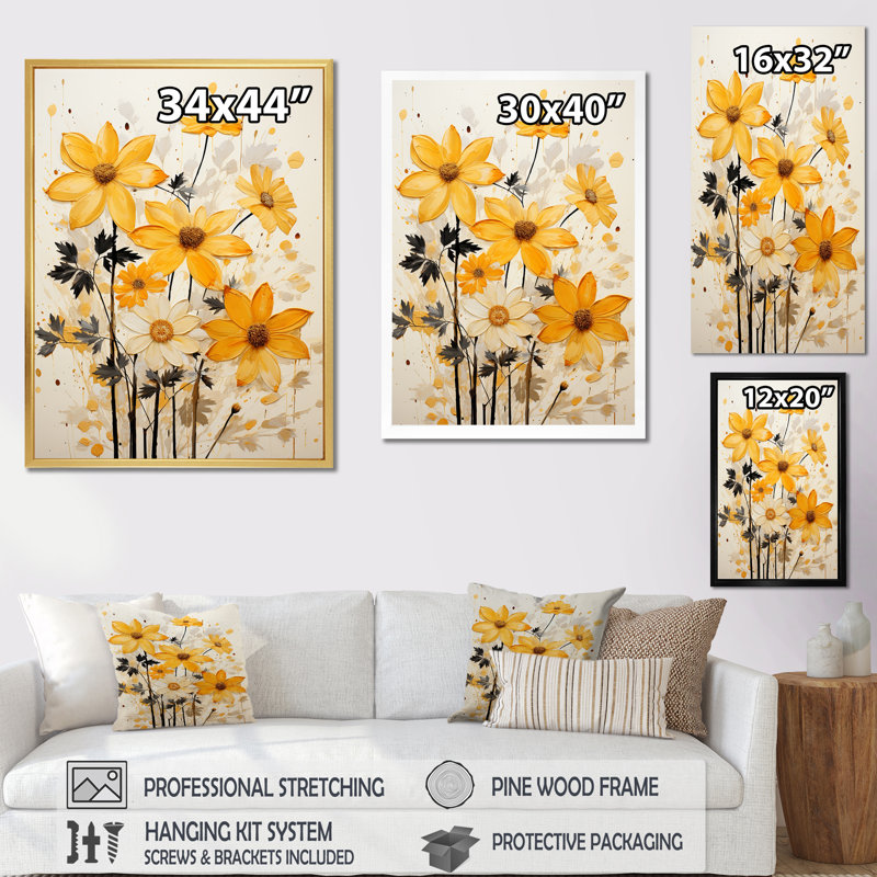 Minimalisme, fleurs orange sur toile, Cadre naturel flottant, H 32 po x l 16 po x P 1 po
