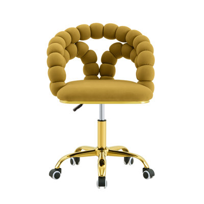 Fauteuil de bureau pivotant en velours moderne avec dossier à bulles, fauteuil de coiffeuse rembourré avec base en métal doré, fauteuil de bureau roulant pour bureau à domicile, chambre à coucher, salle de maquillage, jaune moutarde (ensemble de 1)