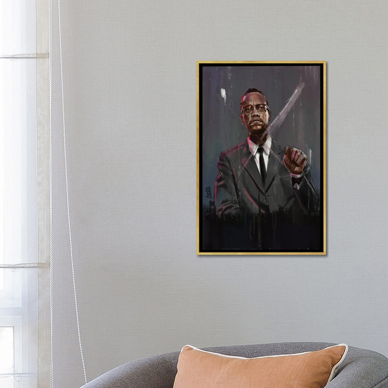 « Malcolm X » par Gordon Rowe-impression, Toile encadrée d'or, Pas de tapis, H 26 po x l 18 po x 1,5 po