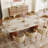 78.7" Stone Kitchen Dining Table for 8 with Solid Wood Legs, Travertine Slab Top, Semi-Circular Stripe Base