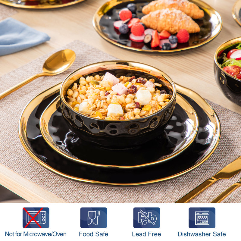 12 Piece Ceramic Dinnerware Set - Service for 4, Gold/Black