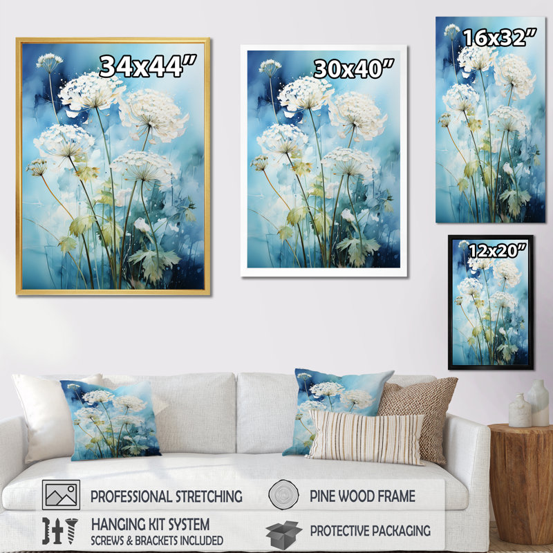 Meadow Queen Annes Lace - Floral and Botanical Wall Art Living Room, H 20 po x l 12 po x P 1 po, Cadre photo gris