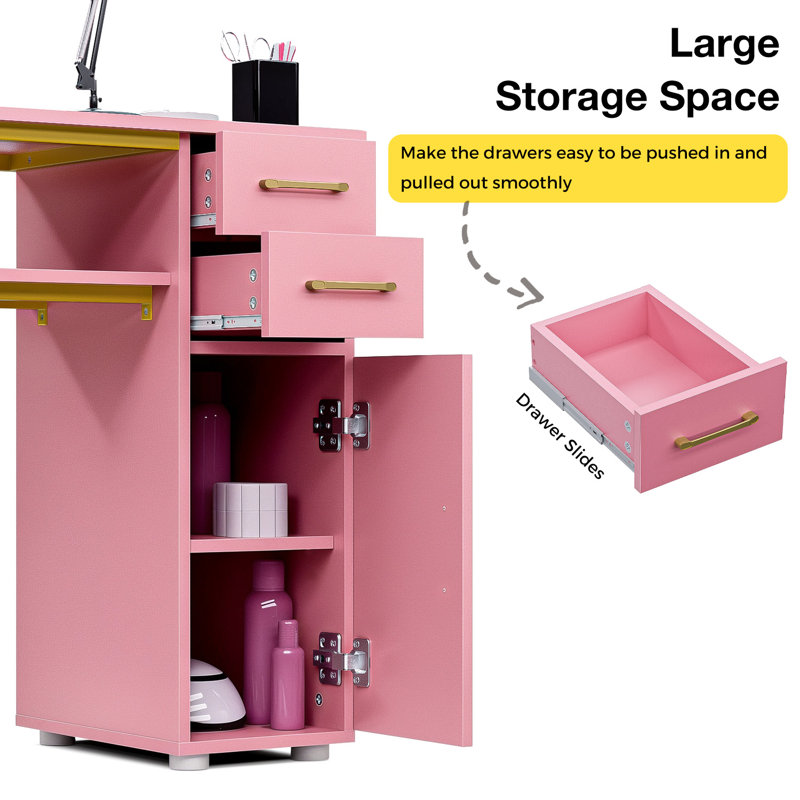 Pink Manicure Table with Storage Drawers and Dust Collector