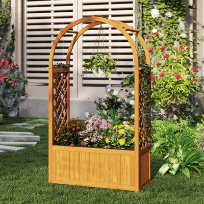 Gymax Wooden Raised Garden Bed w/ Lattice Trellis Arched Roof Liner Drainage Patio