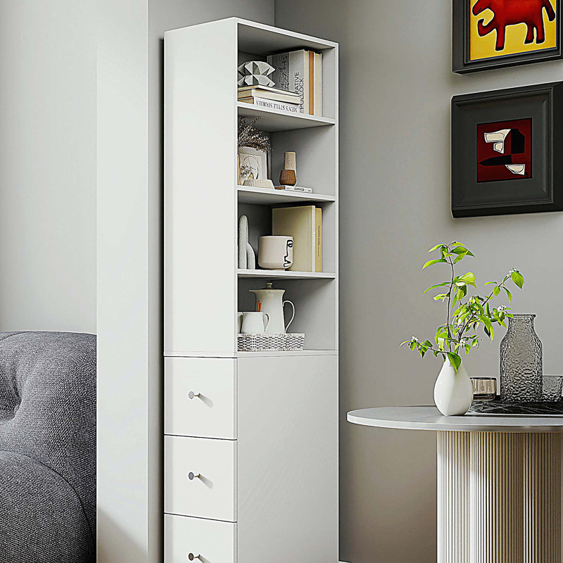 Modern Wooden Tall Bookshelf Bookcase, 70.87" H Display Storage Cabinet with 4-Tier Shelf and 3 Side Drawers, White
