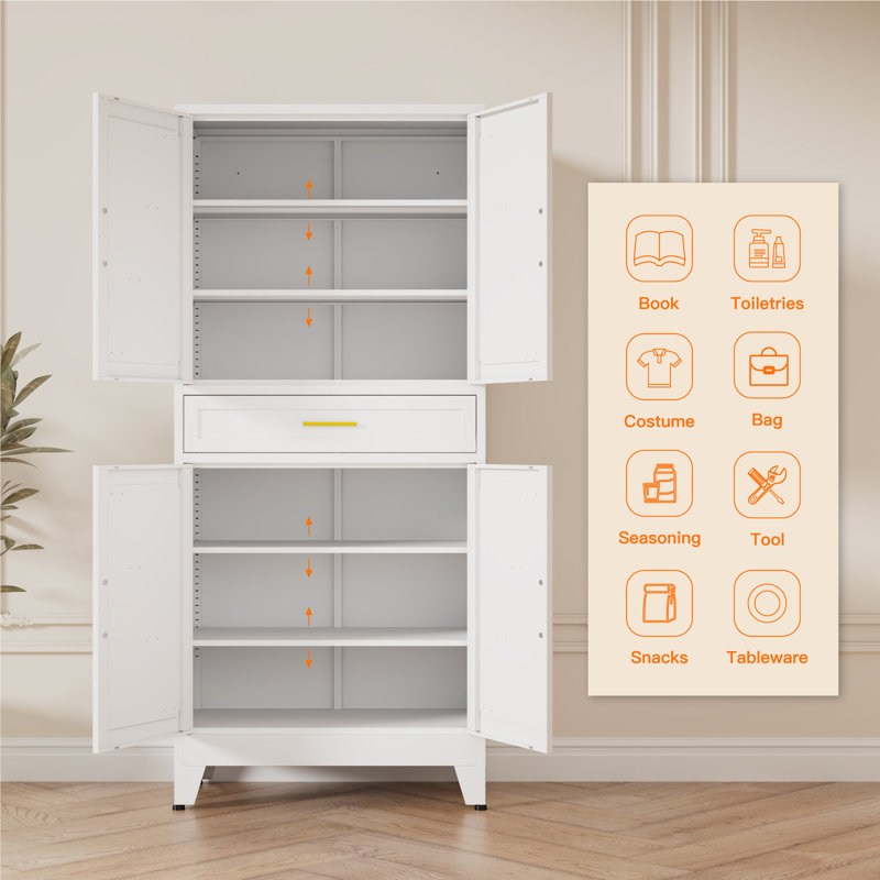 Armoire de rangement pour garde-manger de 71 po de hauteur avec tiroir et tablettes réglables, Blanc