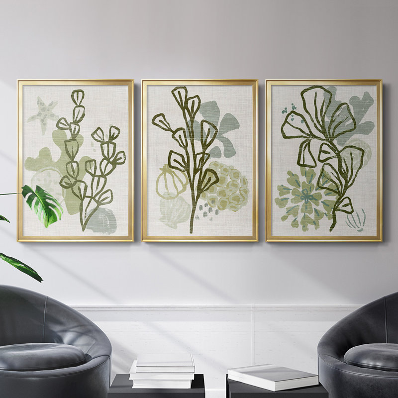Coral Blockprint I, toile encadrée de qualité supérieure - prête à être accrochée, H 42,5 po x l 61 po x P 2,5 po, Cadre doré