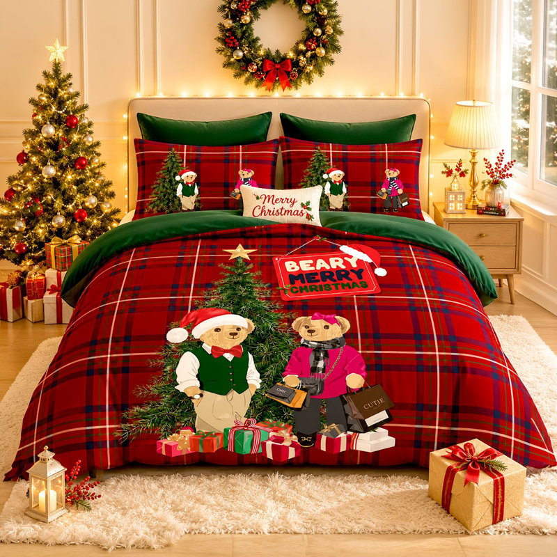 MICROFIBER XMAS DUVET SET BEARY MERRY SINGLE, Double, Red
