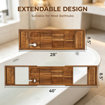 Teak Bathtub Tray Expandable Handles Wine Phone Book Stand
