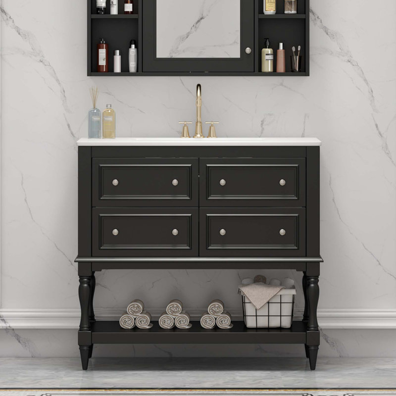 Ensemble de meuble-lavabo 36 po avec ensemble de meuble-lavabo, lavabo en céramique encastré, ensemble de meuble-lavabo autoportant avec 4 tiroirs, armoire de salle de bain avec cadre en bois massif