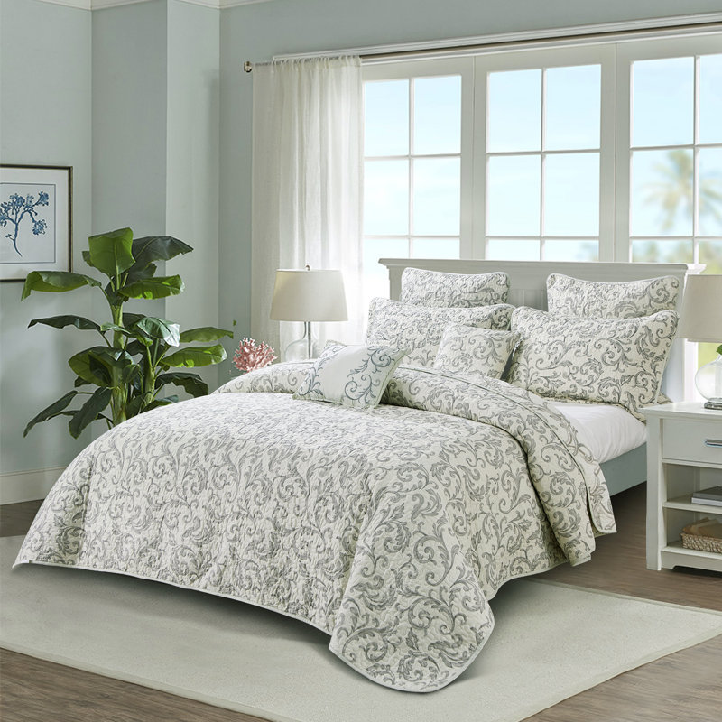 7 Piece Marisol Printed Microfiber Quilts Set, King Coverlet + 4 Shams + 2 Throw Pillows, Gray/Lavender