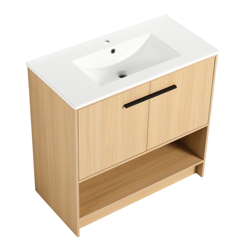 Meuble-lavabo autoportant de 36 po avec lavabo en céramique, base en contreplaqué, 2 portes à fermeture douce, meuble-lavabo de conception moderne, lavabo inclus, corps, facile