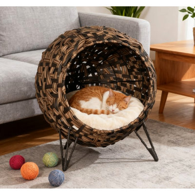 Elevated Cat Bed With Banana Leaf, Kitten House Cushion, Suitable For Cats Less Than 11 Pounds, Brown Color And Metal Structure