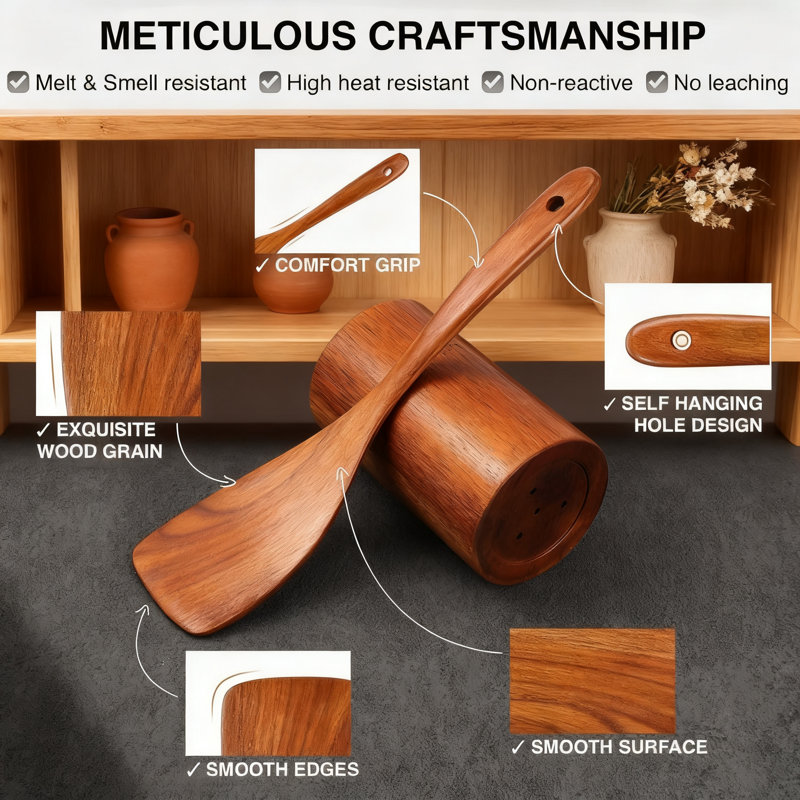 Ensemble d'ustensiles en bois de teck 10 pièces pour la cuisson - Résistant à la chaleur, cuillères et spatules anti-rayures pour batterie de cuisine antiadhésive, finition lisse, prise confortable, ustensiles de cuisine durables