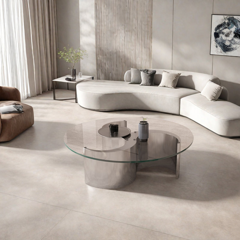Table basse Italian Luxury, H 16,5 po x L 35,4 po x l 35,4 po, Plateau transparent / base argentée