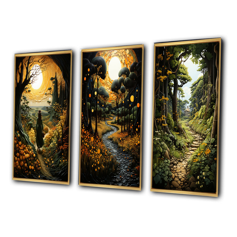 «Countryside Path Through The» - 3 pièces, H 20 po x l 36 po, Encadrement doré