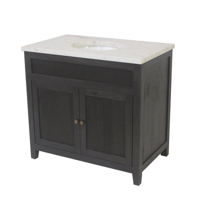 Meuble-lavabo simple de 91 cm (36 po) à une porte, avec comptoir en marbre blanc et finition noire.