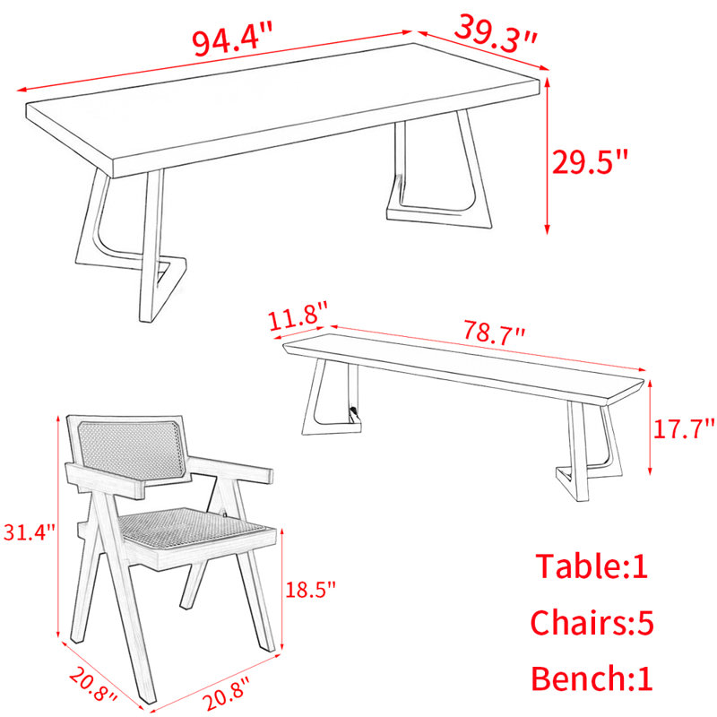 Modern simple solid wood dining table set., 29.5"H x 94.4"L x 39.3"W